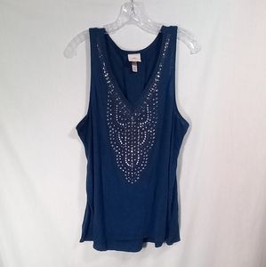 Knox Rose Teal Green Gold Studded Rhinestone Embellished Tank Top - Size XXL